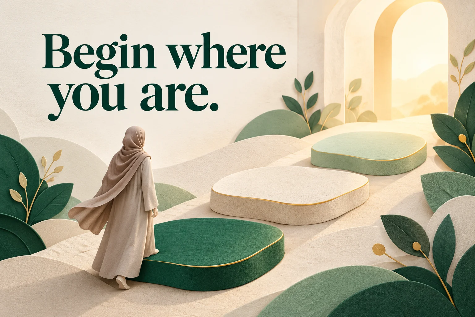 Begin where you are: a learner seen from behind at the first of three gentle stepping stones