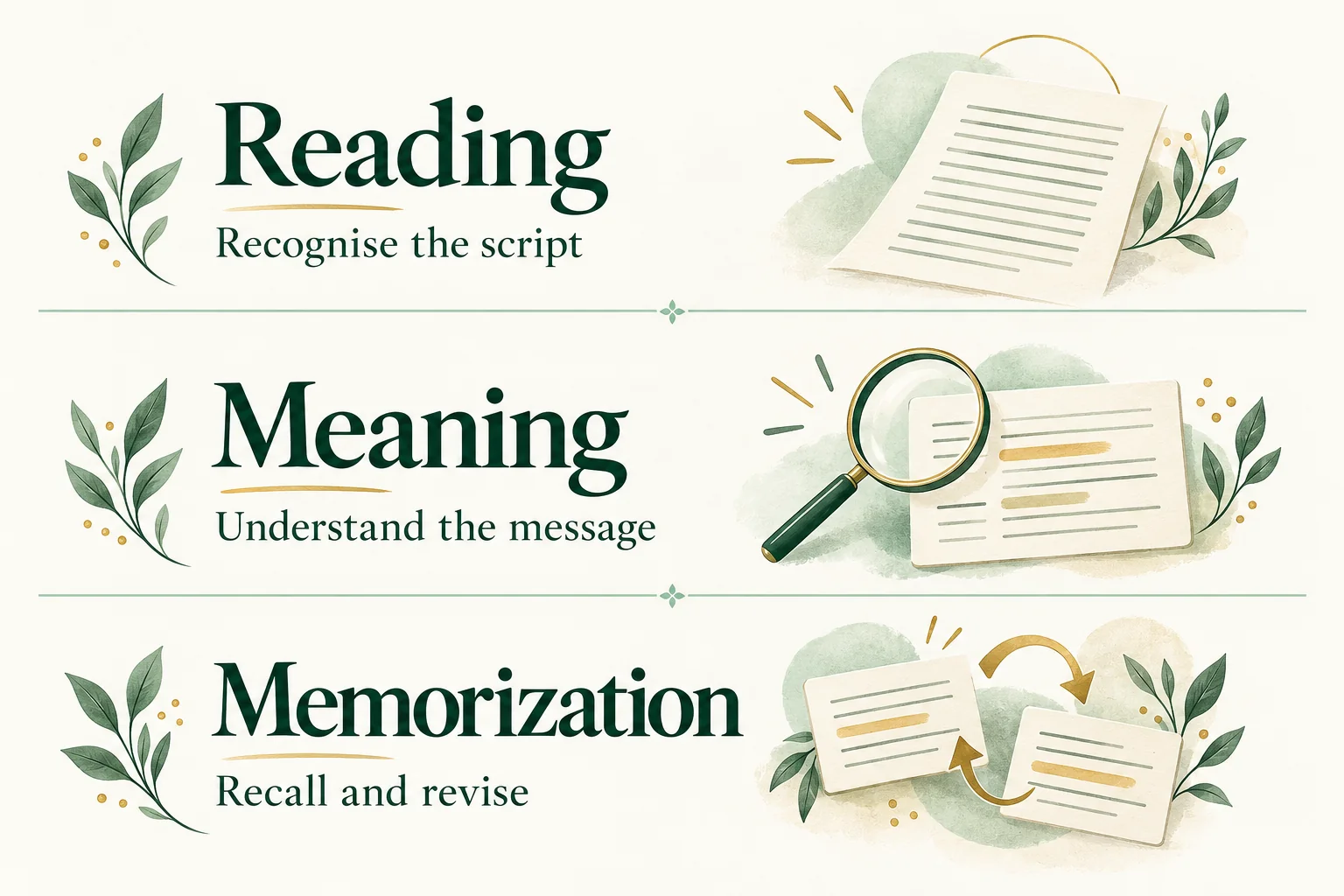 Three separate learning tasks: reading the script, understanding meaning, and memorizing through recall and revision