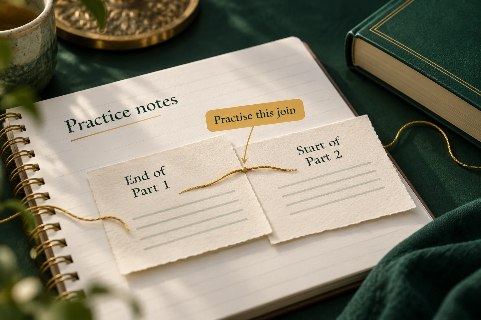 Practice notes showing the end of one part joined to the start of the next, beside a closed green book