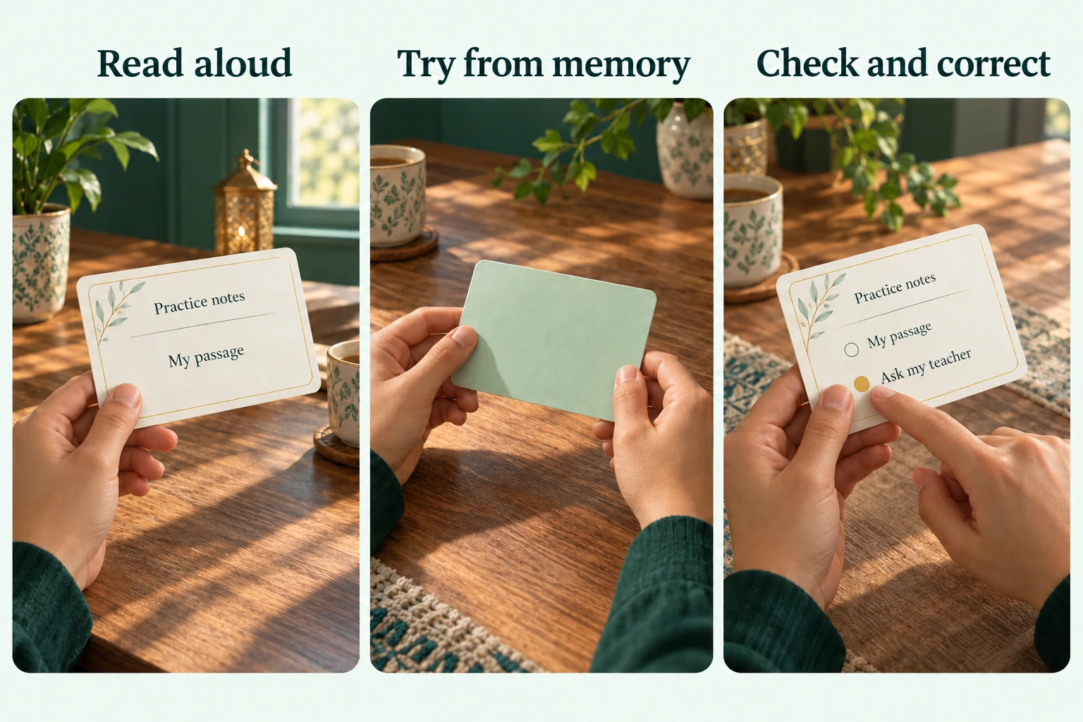 Three hands-only scenes labelled Read aloud, Try from memory, and Check and correct
