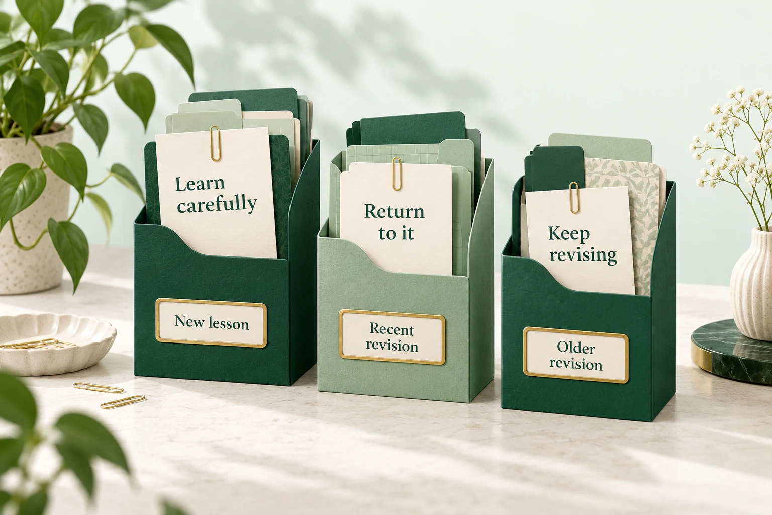 Three study folders labelled New lesson, Recent revision and Older revision, with different notes about the next practice