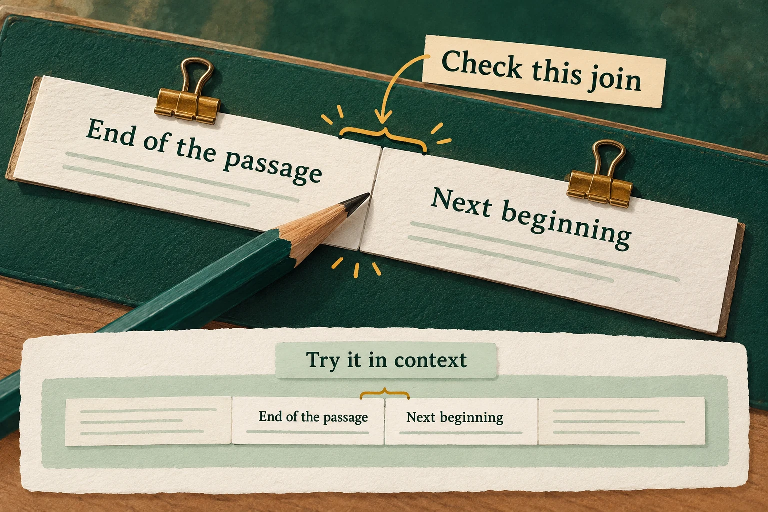 Practice notes highlight a difficult join and show it within a longer surrounding passage