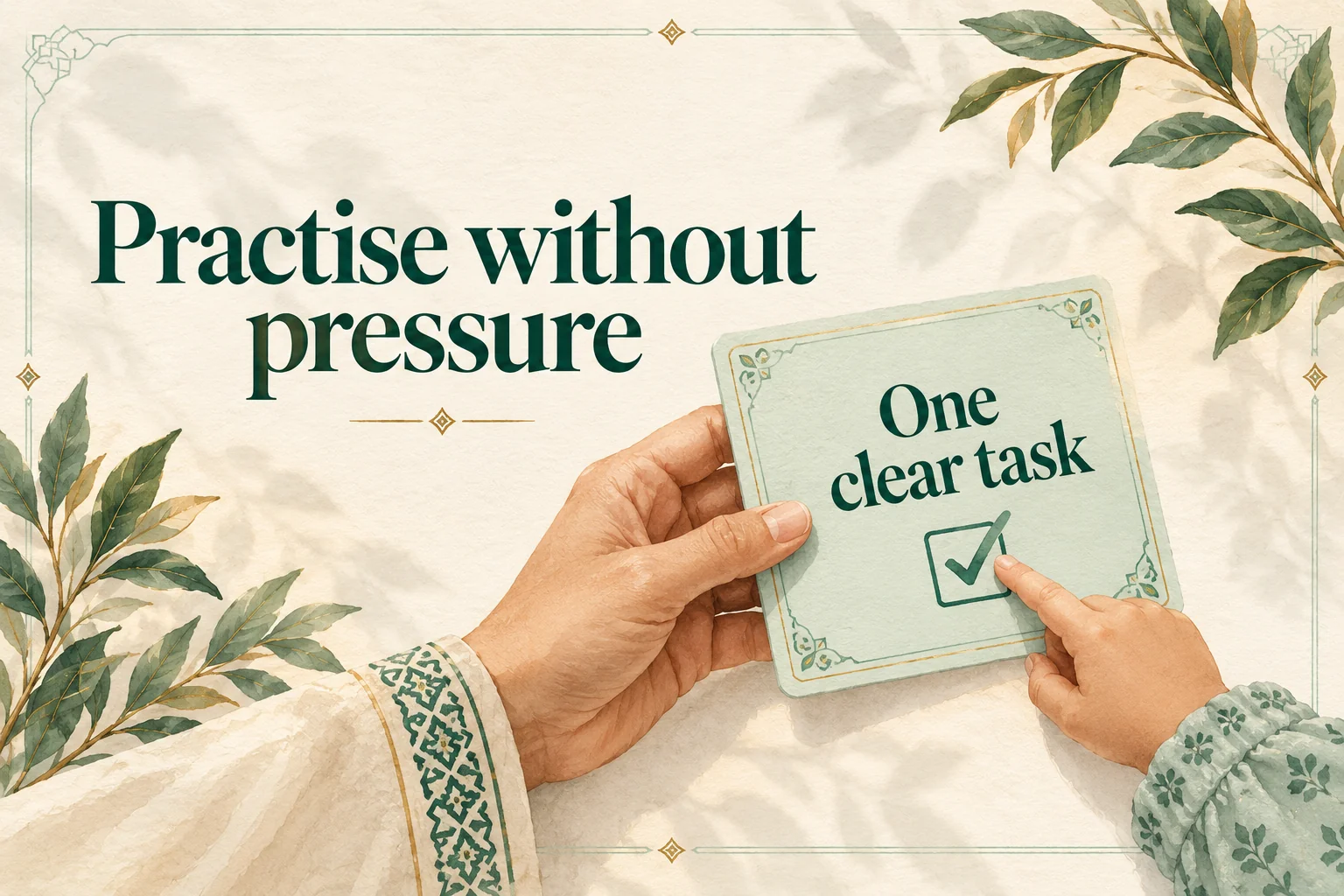 Practise without pressure: an adult and child’s hands holding a card labelled One clear task
