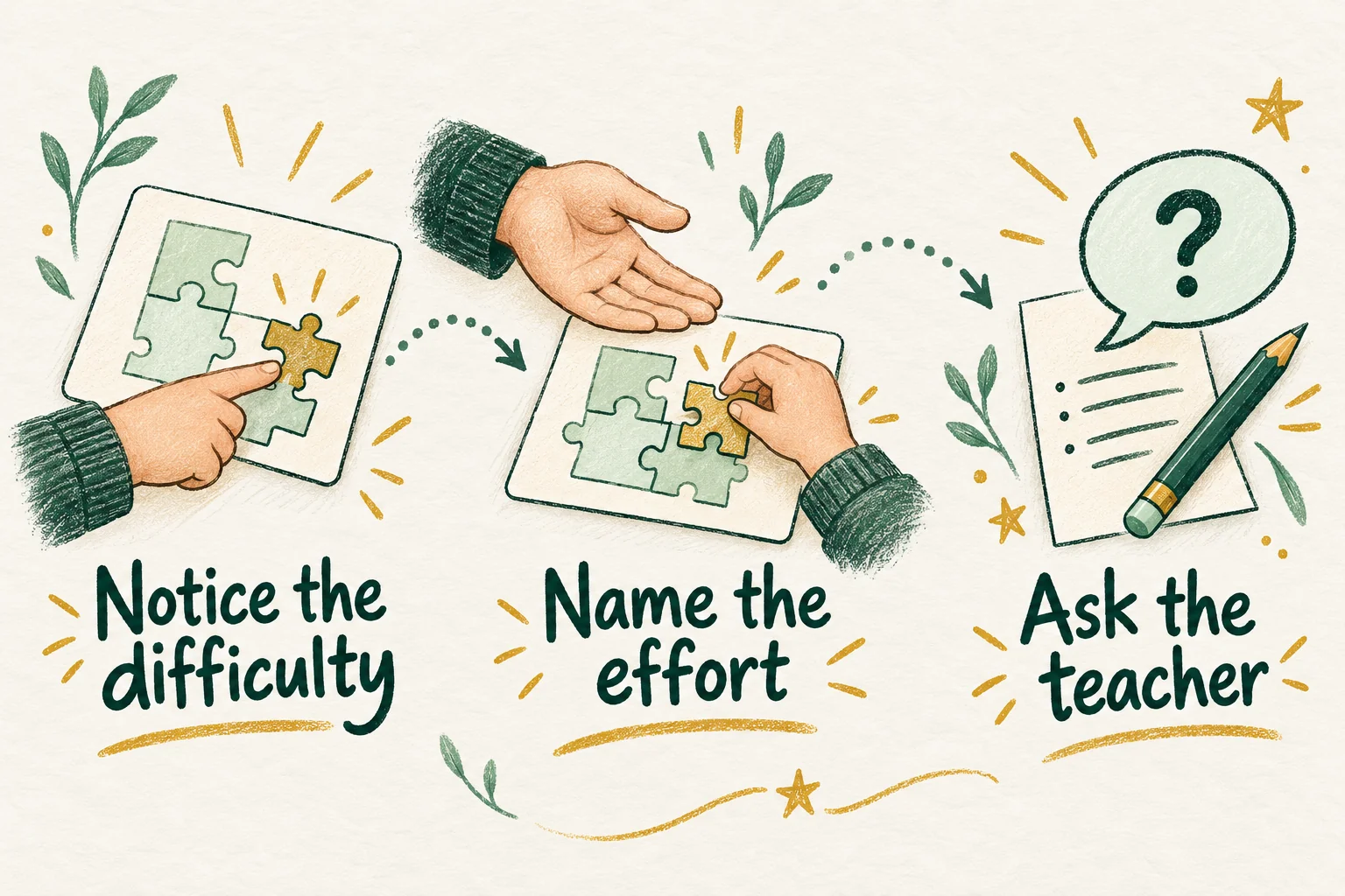 Parent support sketchnote: notice the difficulty, name the effort and ask the teacher