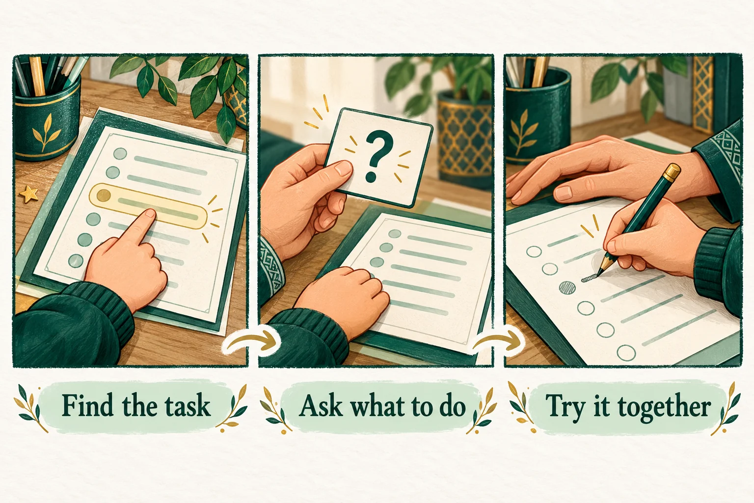 Three home-practice panels: find the task, ask what to do and try it together