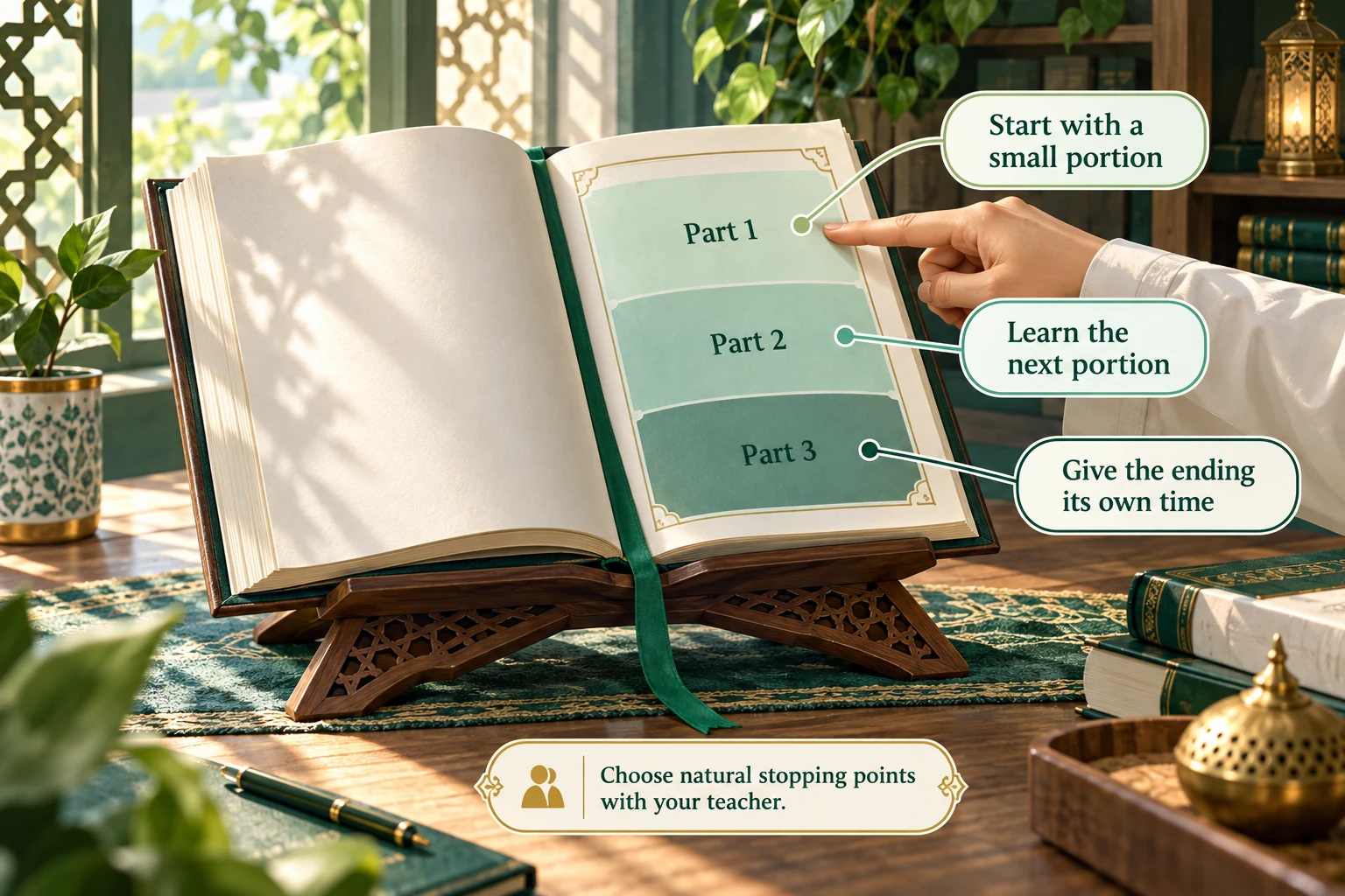 An open study-planning book with one page divided into three highlighted portions and callouts for learning each part.