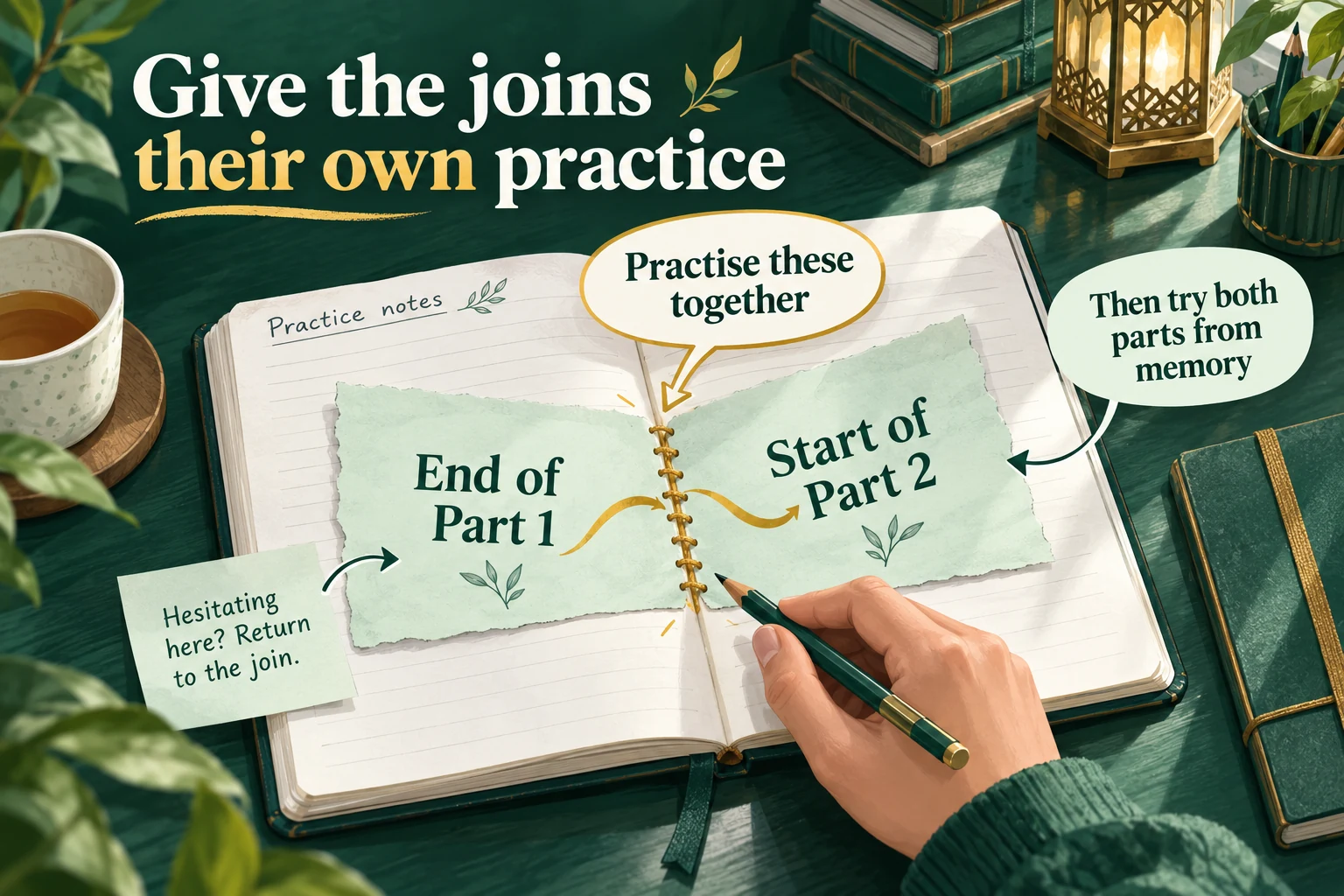 Practice notes connect the end of Part 1 to the start of Part 2, with a callout pointing to the join.
