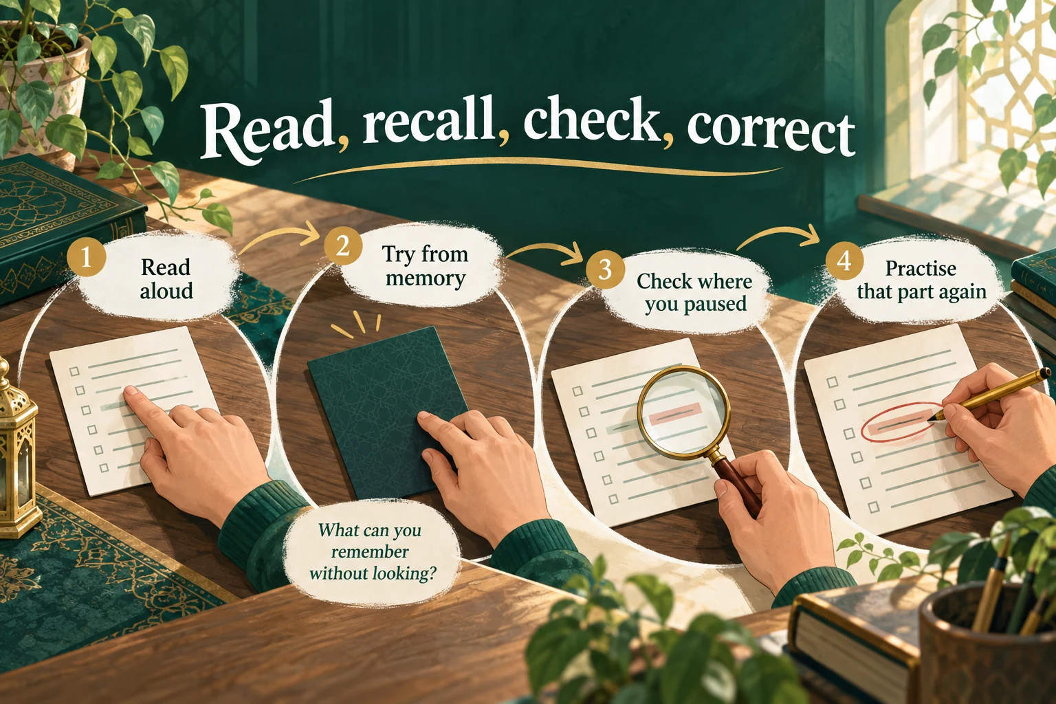 Hands demonstrate reading a practice card, turning it over to recall, checking a hesitation and practising the difficult part again.