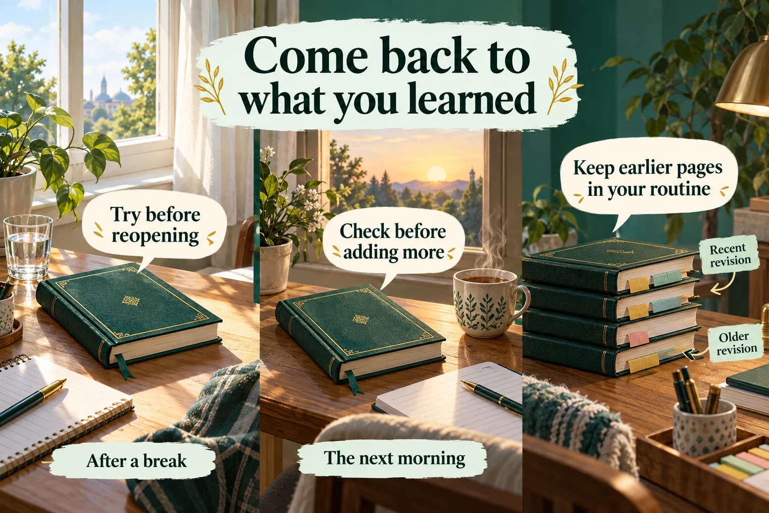 A closed green book is revisited after a break and the next morning, beside a stack representing recent and older revision.