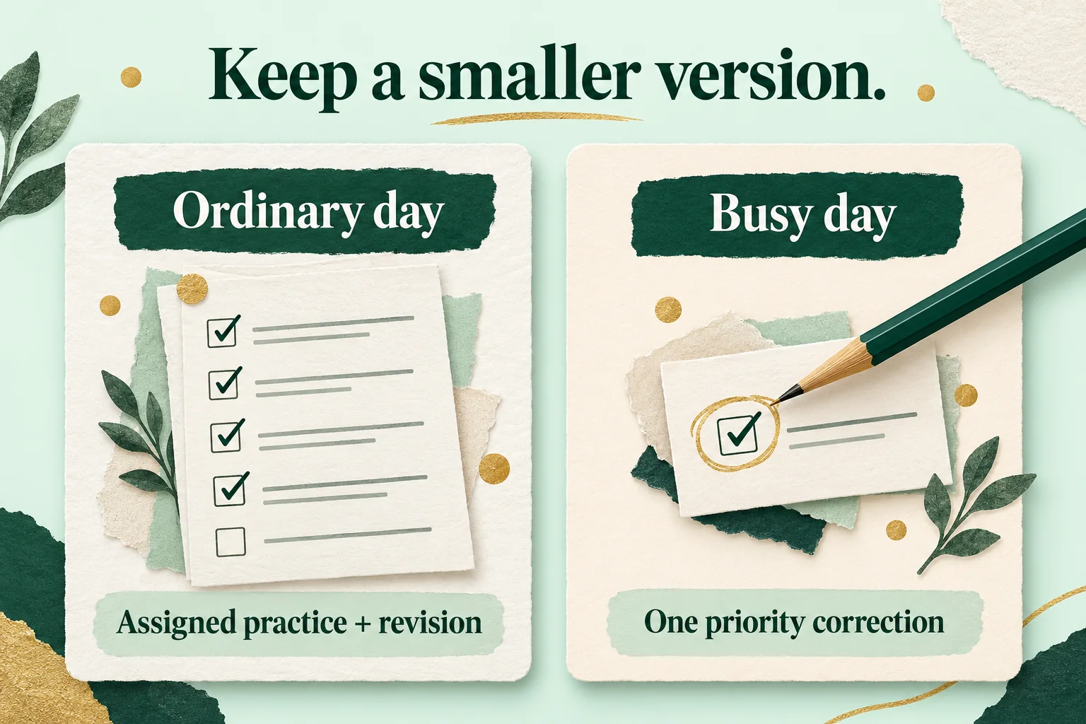 Ordinary-day practice and revision beside a busy-day plan with one priority correction