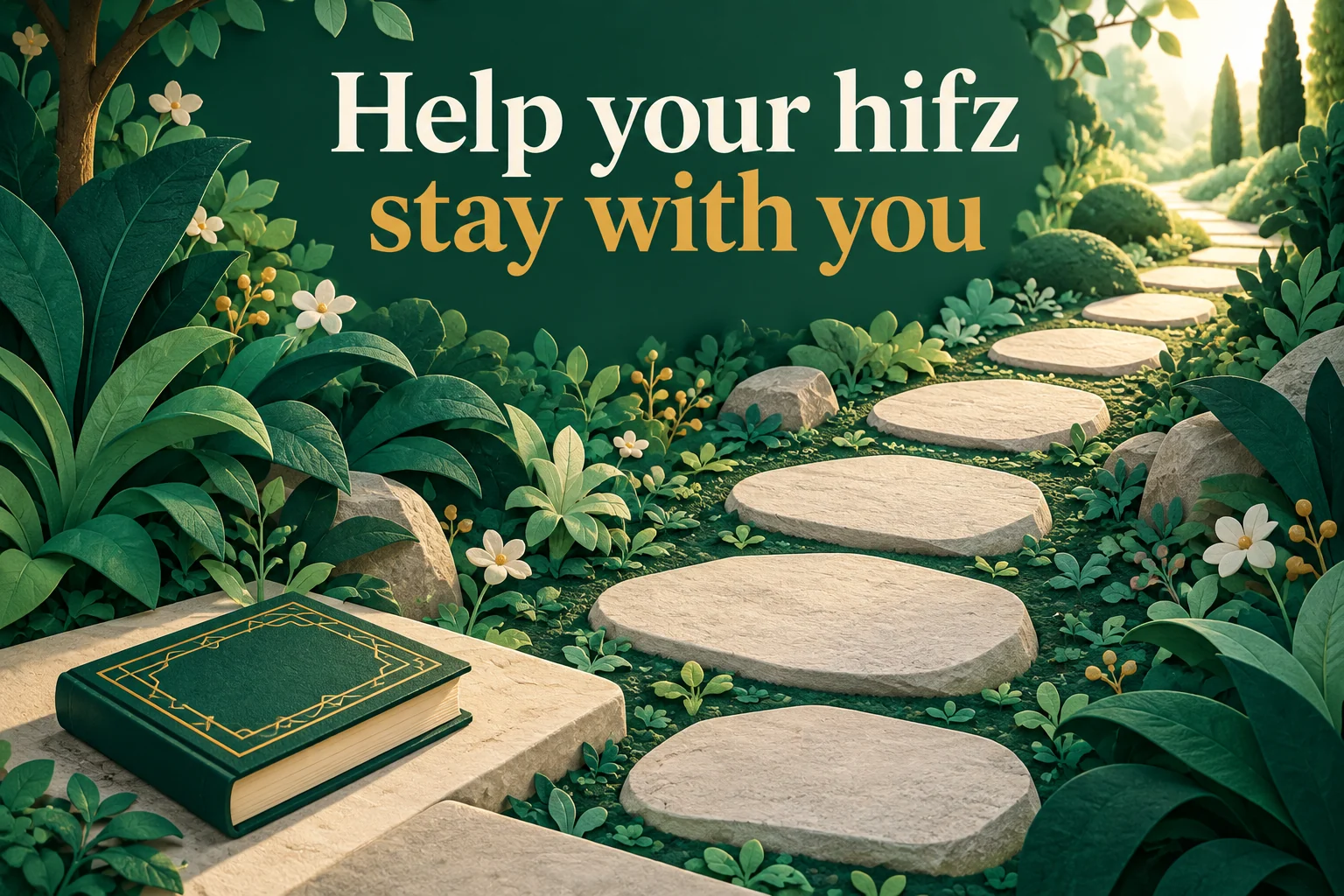Garden stepping stones beside a closed book, with the words Help your hifz stay with you
