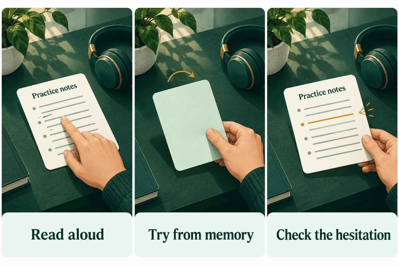 Hands follow practice notes, turn the card over to recall, then check a highlighted hesitation