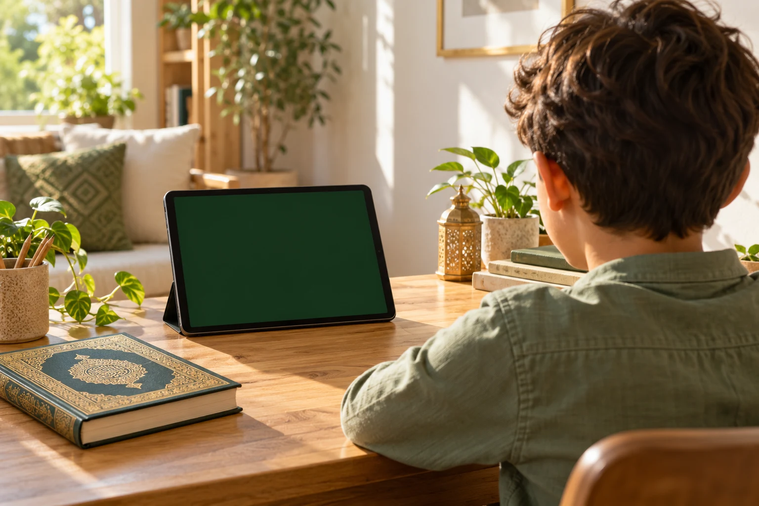 Illustrative child seen from behind, learning at home