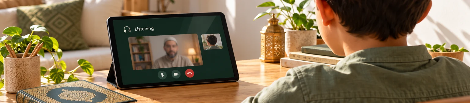 Illustrative lesson: a child recites from home while a teacher listens on the tablet