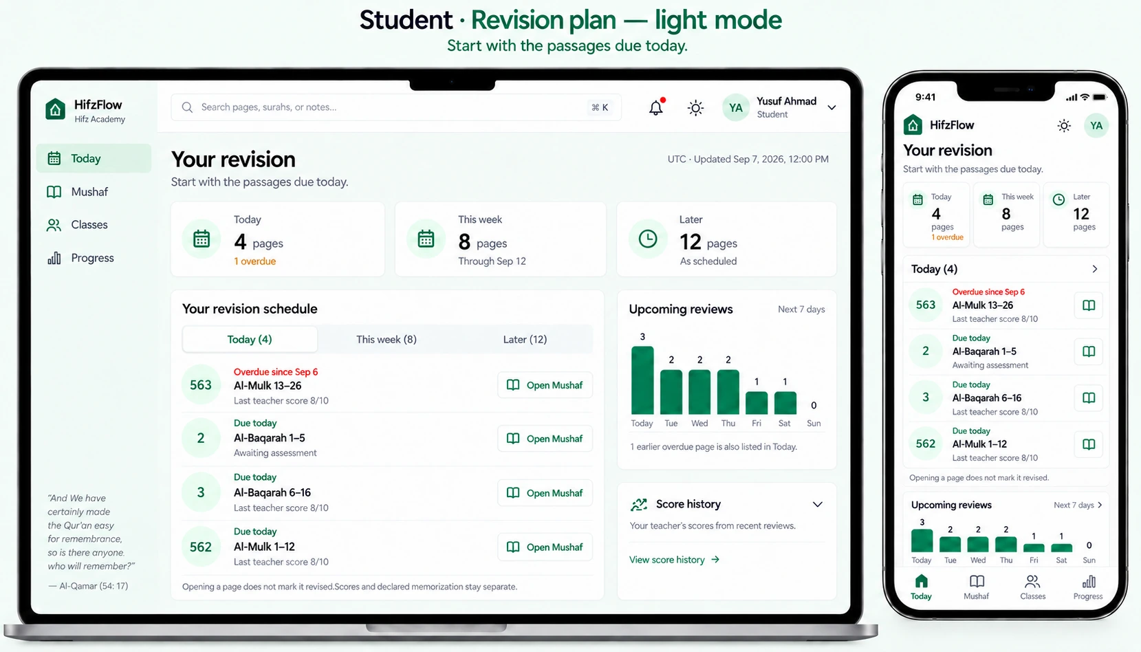 HifzFlow revision view showing due passages and an upcoming revision schedule on desktop and phone.