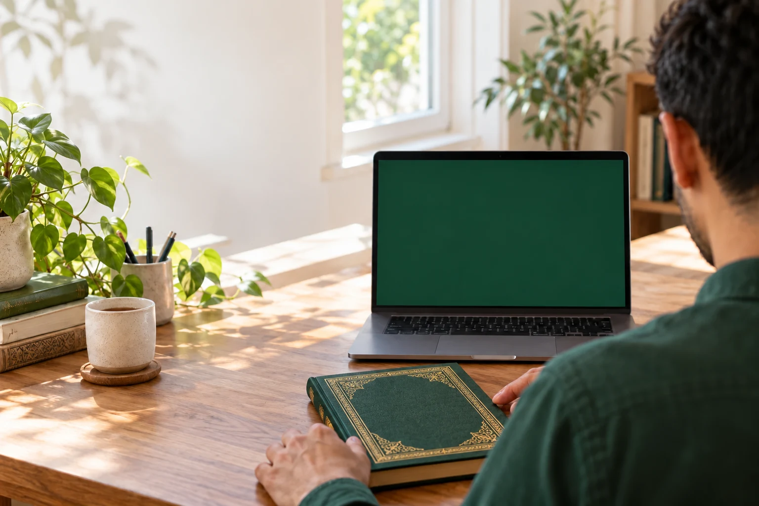 A learner seen from behind, studying at a home desk with a laptop and closed Qur’an