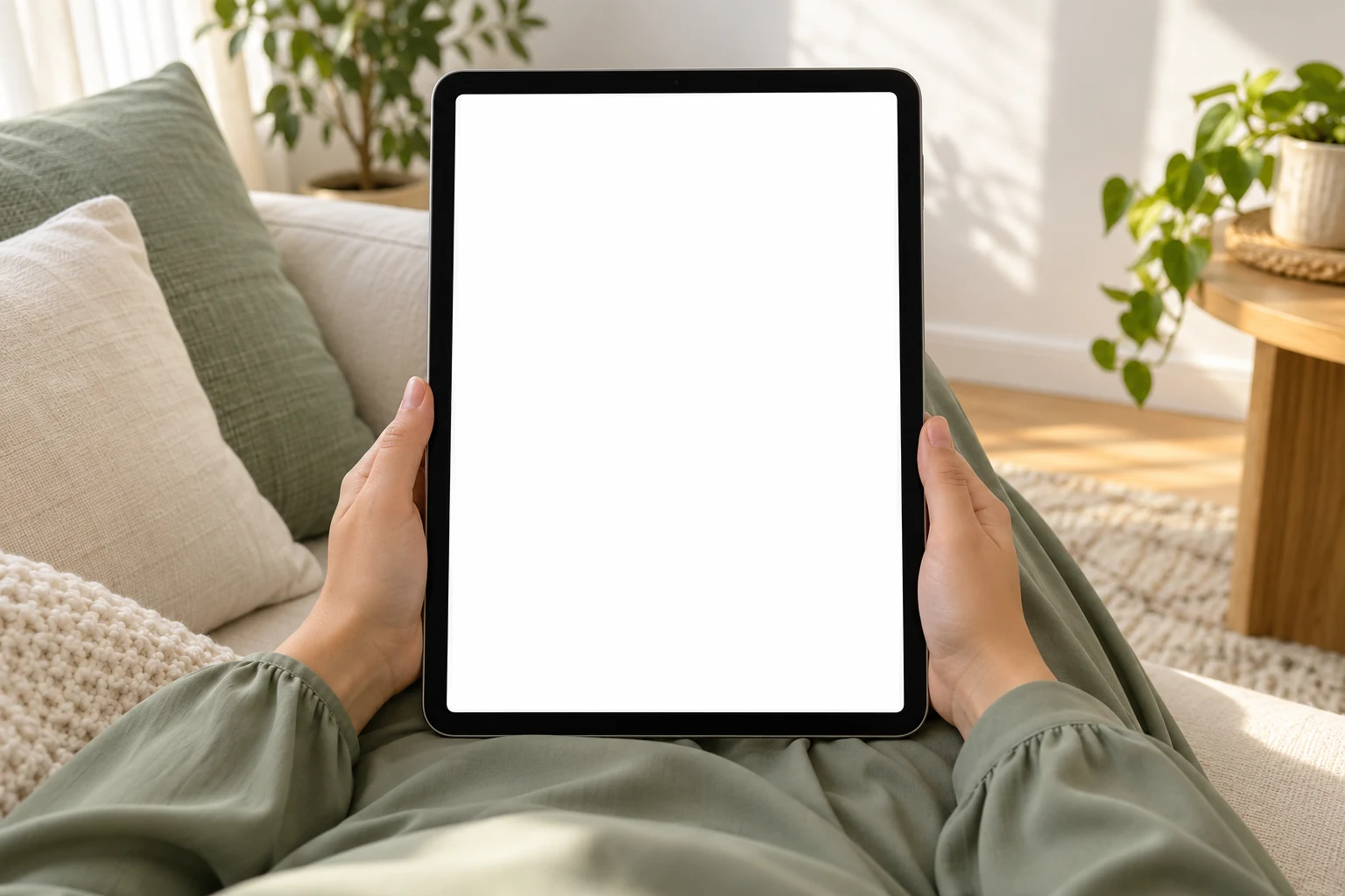A learner holding a tablet while practising at home